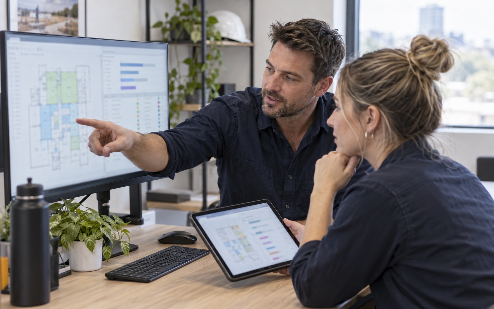 Two colleagues discussing a digital estimating workflow in an office