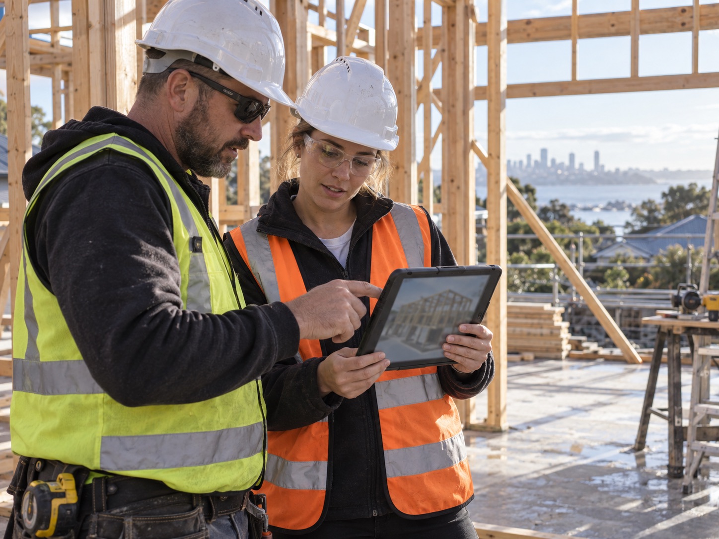 Builders reviewing a project on a tablet on site