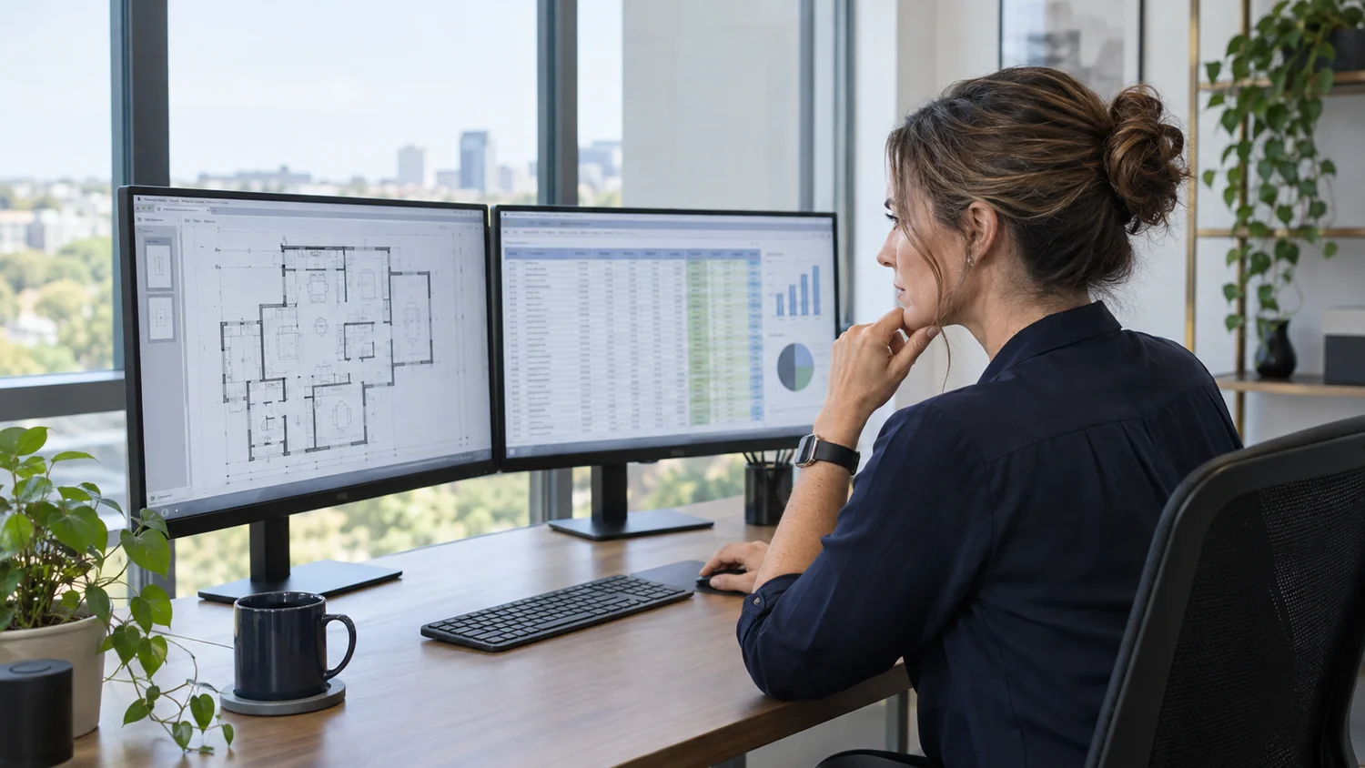 Illustrative quantity surveyor reviewing digital drawings and cost information on two monitors