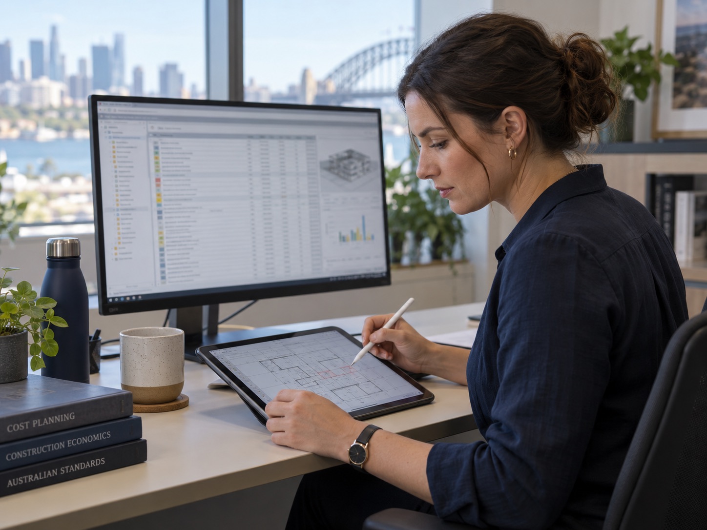 Quantity surveyor reviewing quantities on a screen and tablet