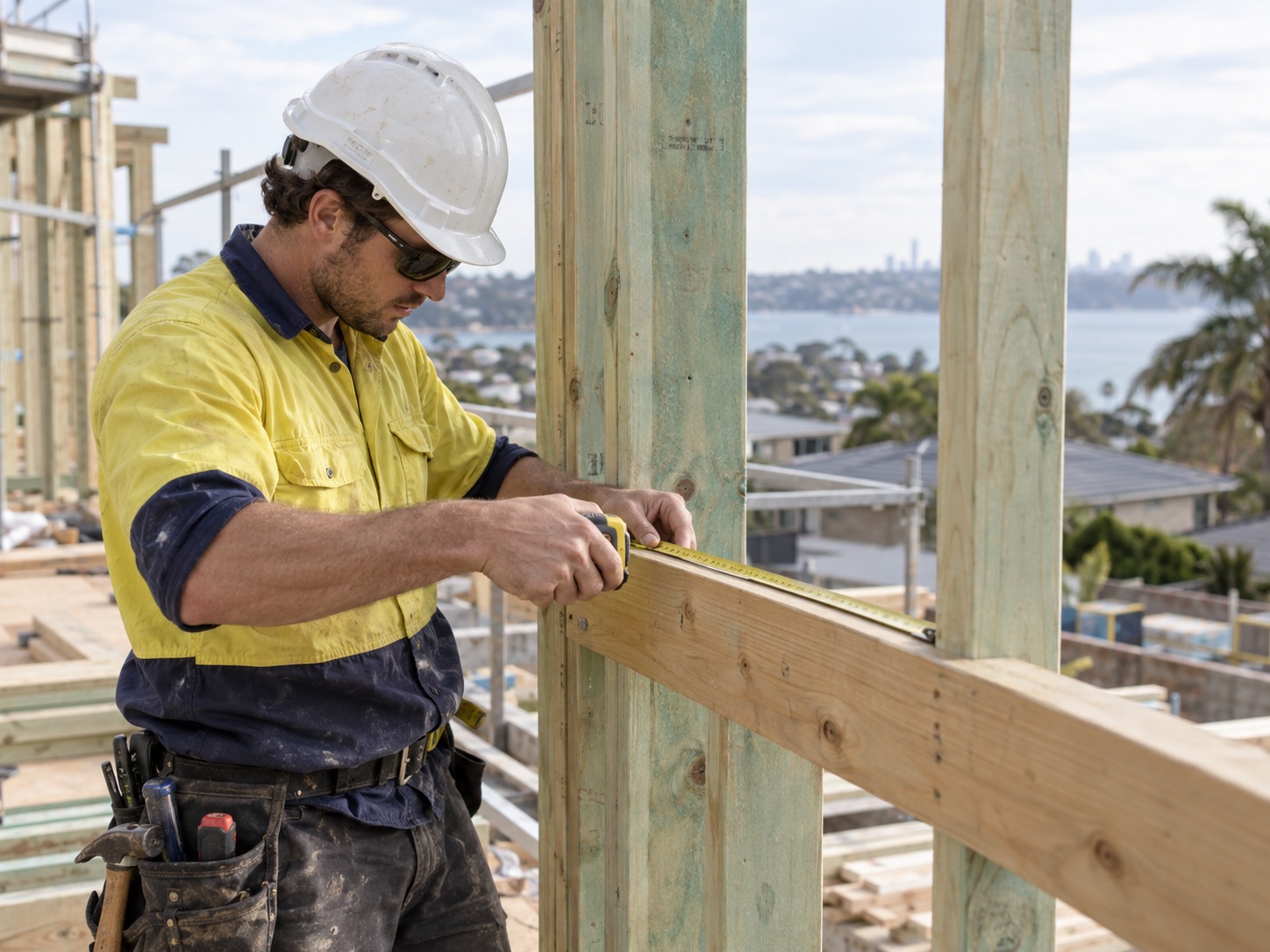 Carpenter measuring timber framing on site