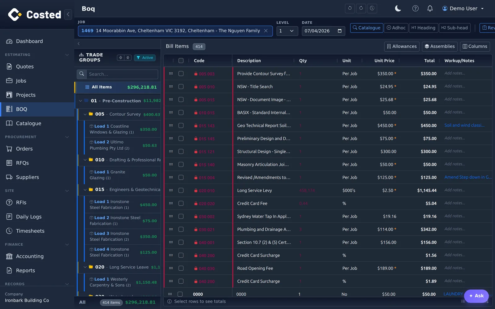 Costed.app: Organise trade groups, quantities and pricing in the BOQ editor.