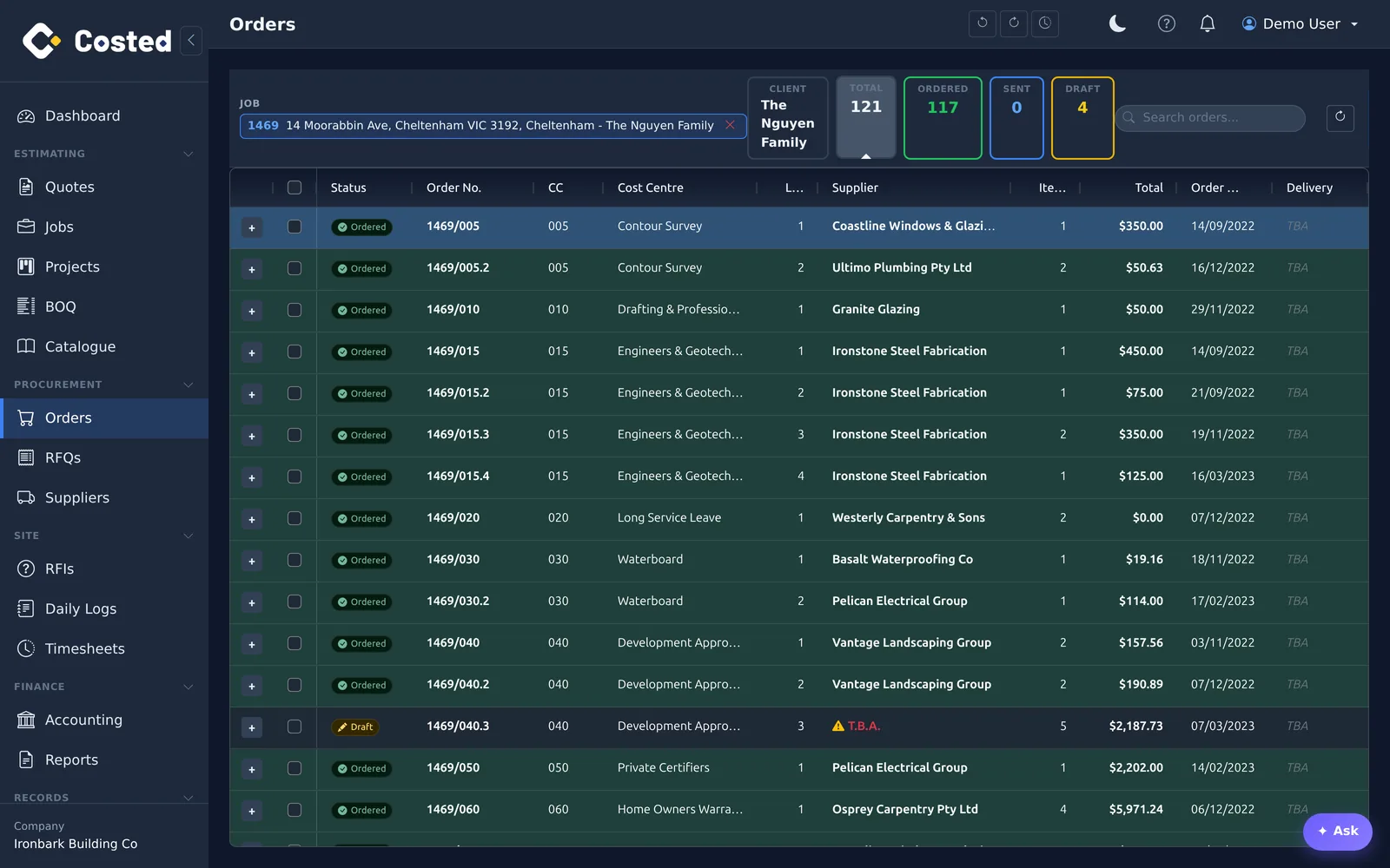Costed.app: See orders by supplier, cost centre and status.