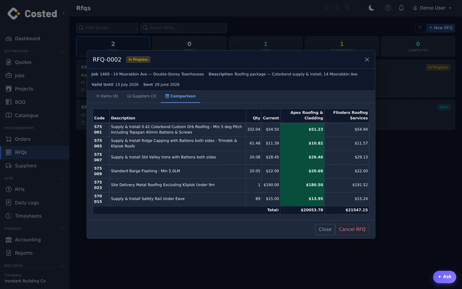 Costed.app: Review supplier prices side by side for a trade package.
