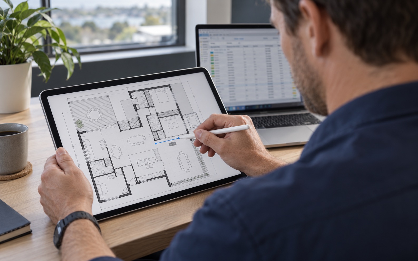 Estimator measuring a digital plan on a tablet