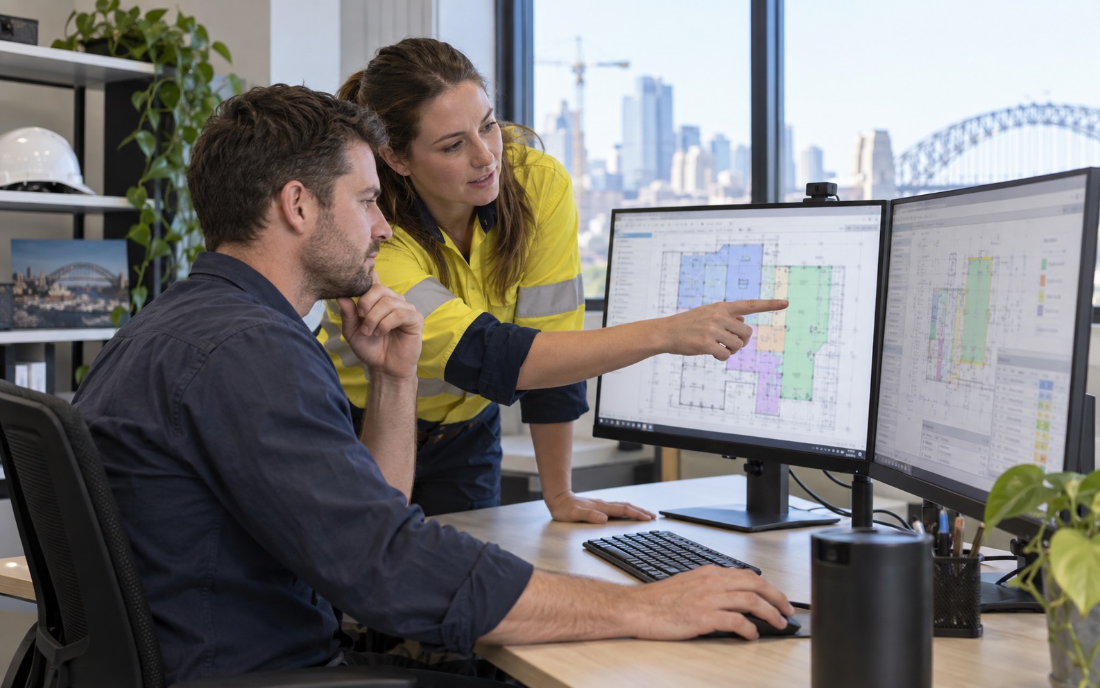 Colleagues reviewing digital takeoff and estimating screens