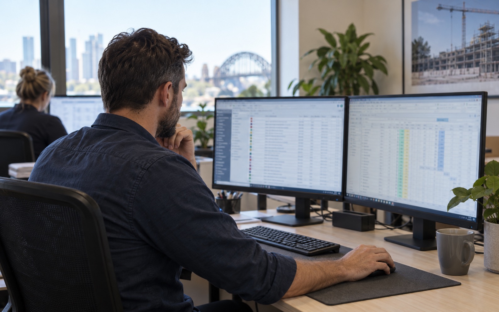 Top-down view of an Australian estimator's desk: laptop showing on-screen takeoff, printed BOQ spreadsheet, mug of coffee, highlighter and pencil