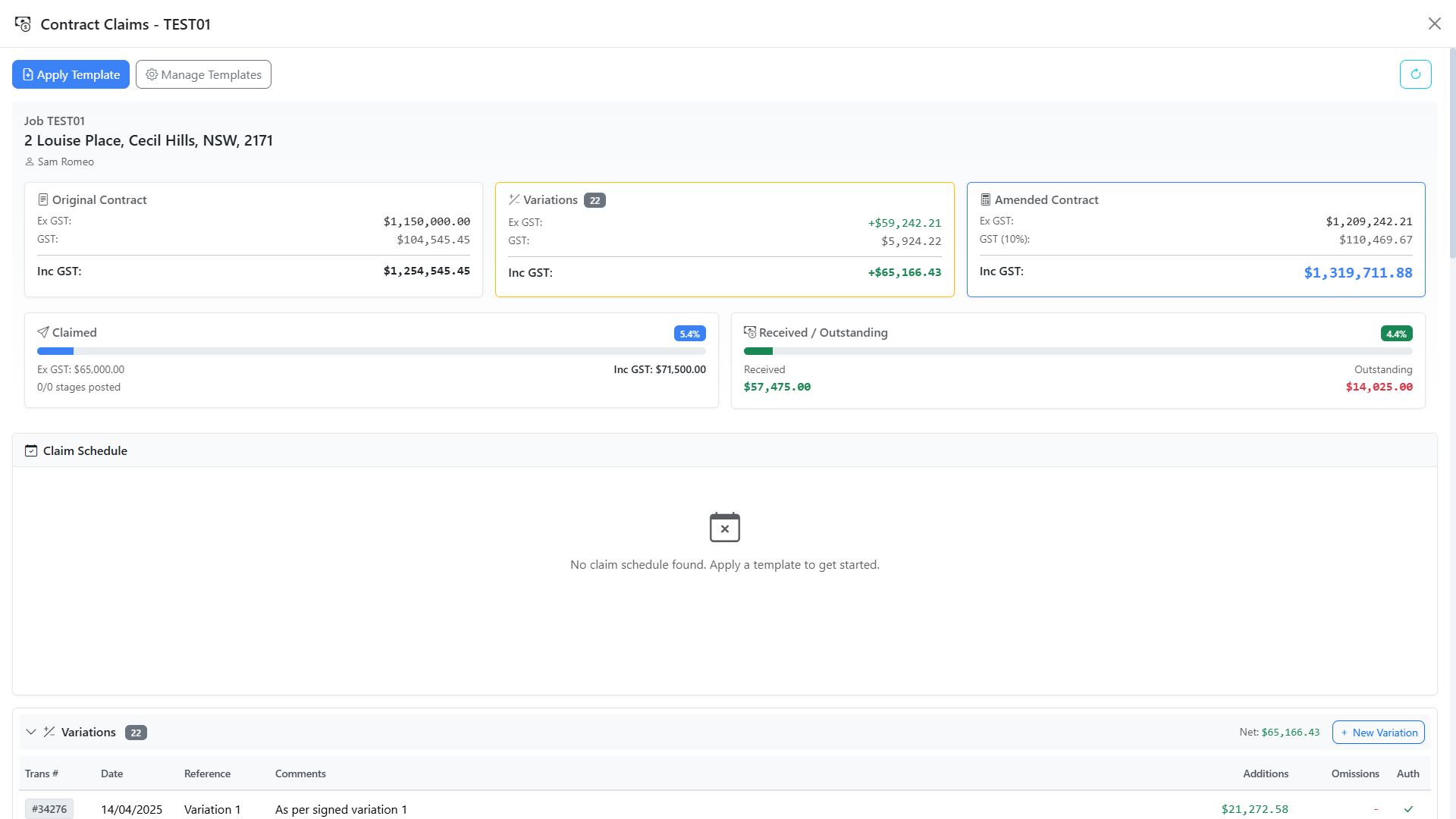 DBx Desktop progress claims with retention and variations