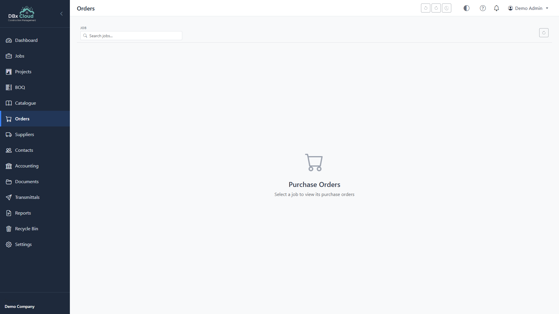 DBx BOQ Desktop - Purchase orders list showing order status, suppliers and amounts