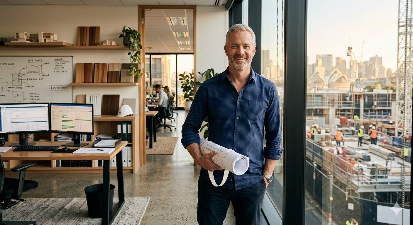 Founder of Takeoff and Estimating in a Sydney office, holding rolled construction drawings, with a construction site visible through floor-to-ceiling windows