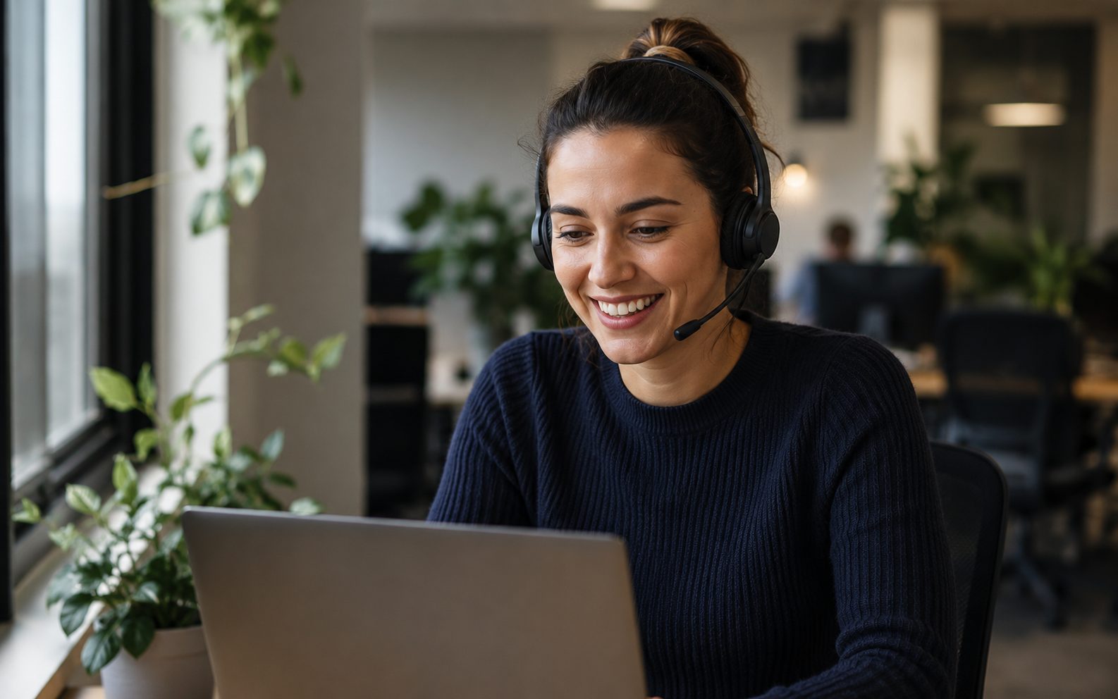 Australian customer support specialist at a tidy desk wearing a wireless headset, mid-conversation, smiling warmly while looking at a laptop
