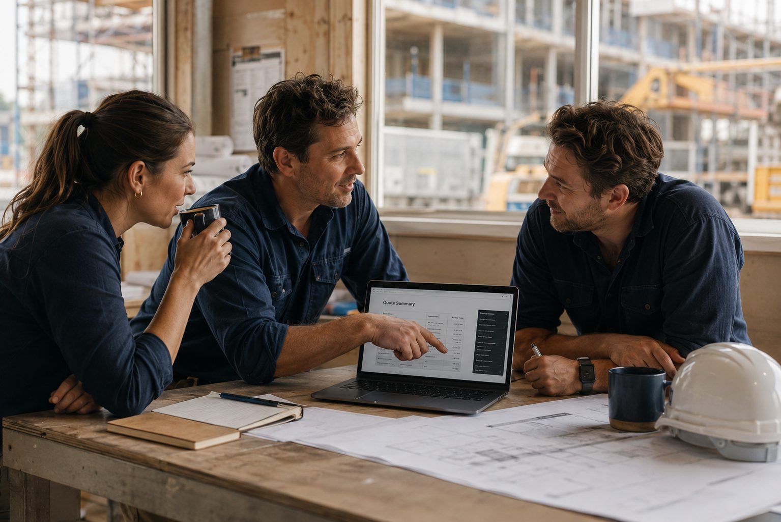 A small Australian construction team gathered around a workbench in a builder's site office, pointing at a laptop showing a quote summary
